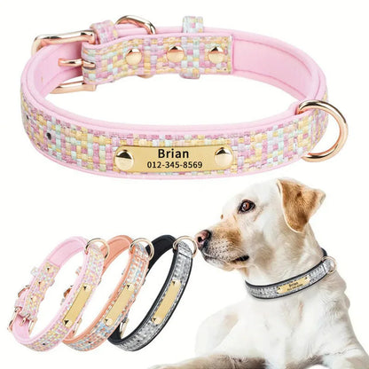 Personalized Luxury Plaid Tweed Dog Collar Custom Engraved Name Number Soft Padded Adjustable Collar for Small Medium Large Dogs