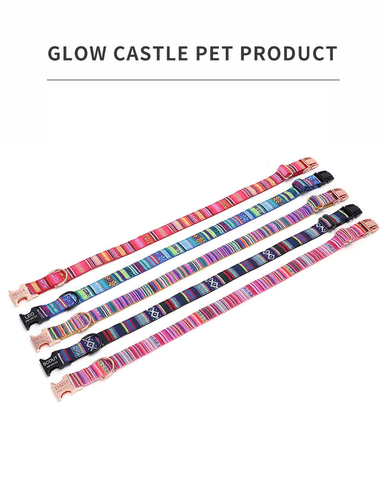 Bohemian Striped Dog Collar Custom Engraved with Rose Gold Buckle Personalized Nylon Collar for Small Large Dogs Daily Walking