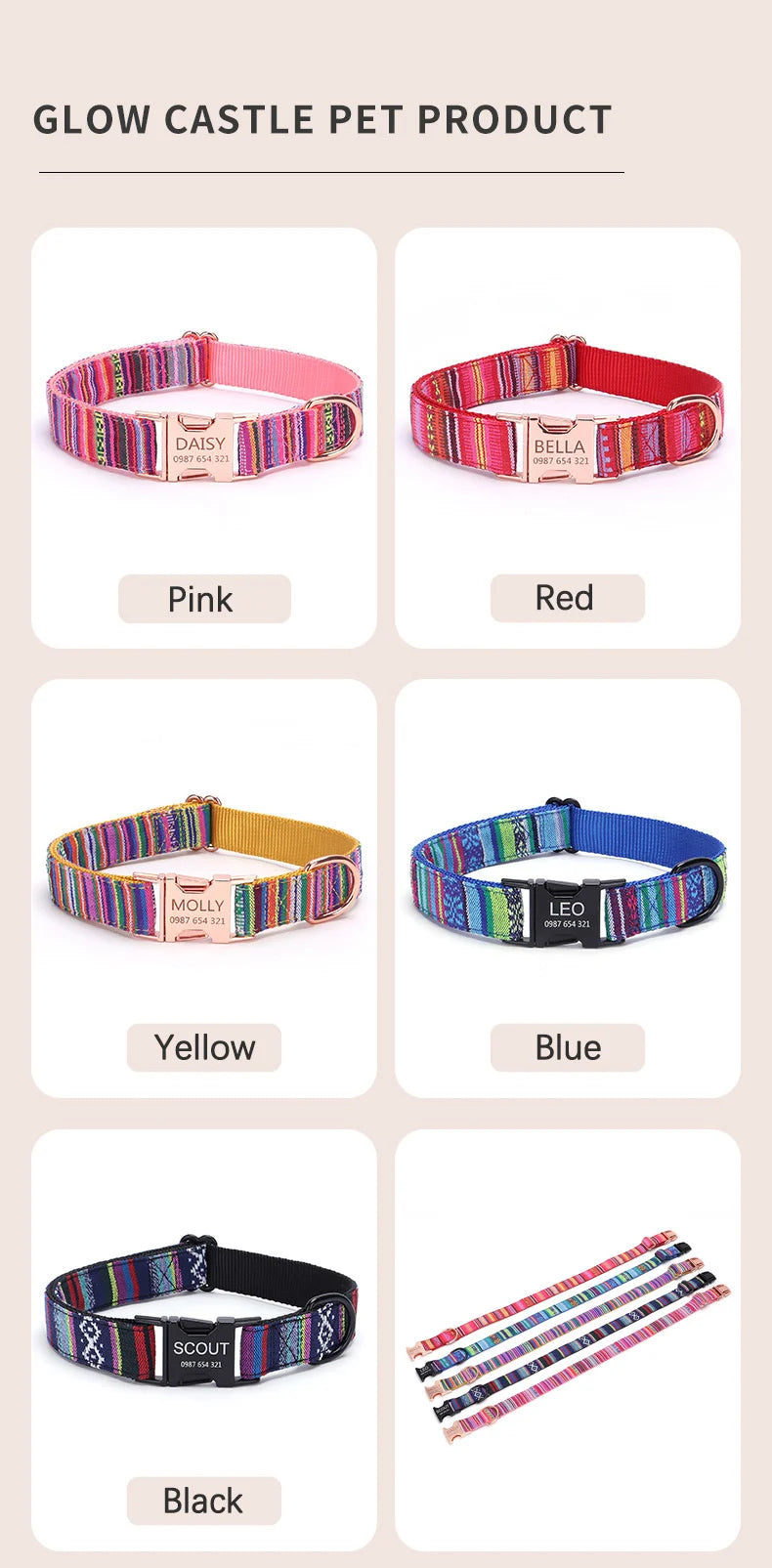 Bohemian Striped Dog Collar Custom Engraved with Rose Gold Buckle Personalized Nylon Collar for Small Large Dogs Daily Walking