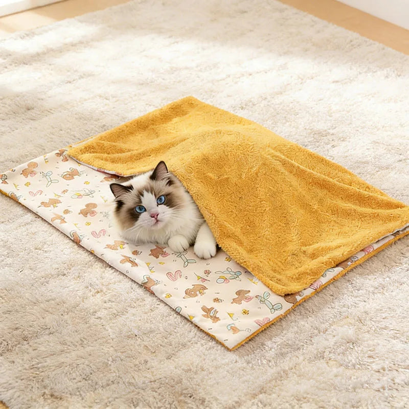 Soft Fluffy Pet Blanket with Pillow Double-sided Design Cute Printed Winter Soft Warm Sleeping Cat Bed Puppy Kitten Supplies
