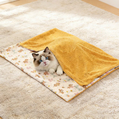 Soft Fluffy Pet Blanket with Pillow Double-sided Design Cute Printed Winter Soft Warm Sleeping Cat Bed Puppy Kitten Supplies