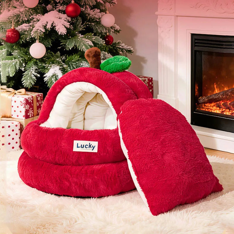 Semi-Enclosed Luxury Red Apple Cat House Large-size Detachable Cushion Warm Sleeping Kitten Cave Bed Christmas Pet Supplies