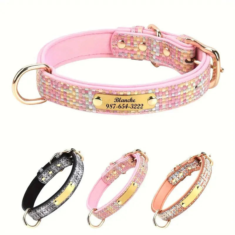 Personalized Luxury Plaid Tweed Dog Collar Custom Engraved Name Number Soft Padded Adjustable Collar for Small Medium Large Dogs