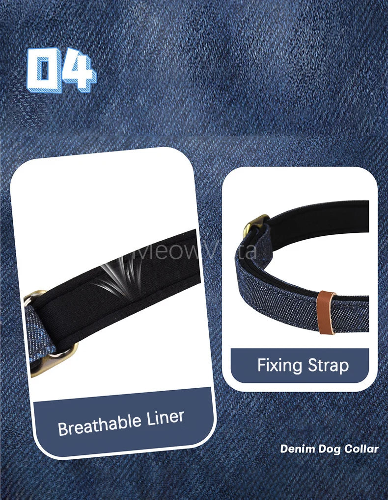Personalized Denim Dog Collar with Engraved Quick Release Metal Buckle Adjustable Soft Padded anti-lost Pet Collar for Dogs