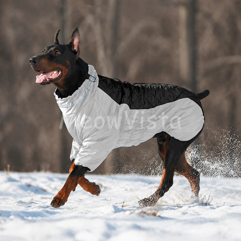 Color‑blocked Four‑Legged Large Dog Winter Coat Comfortable Windproof Reflective Dog Jumpsuit with D‑Ring for Doberman Labrador