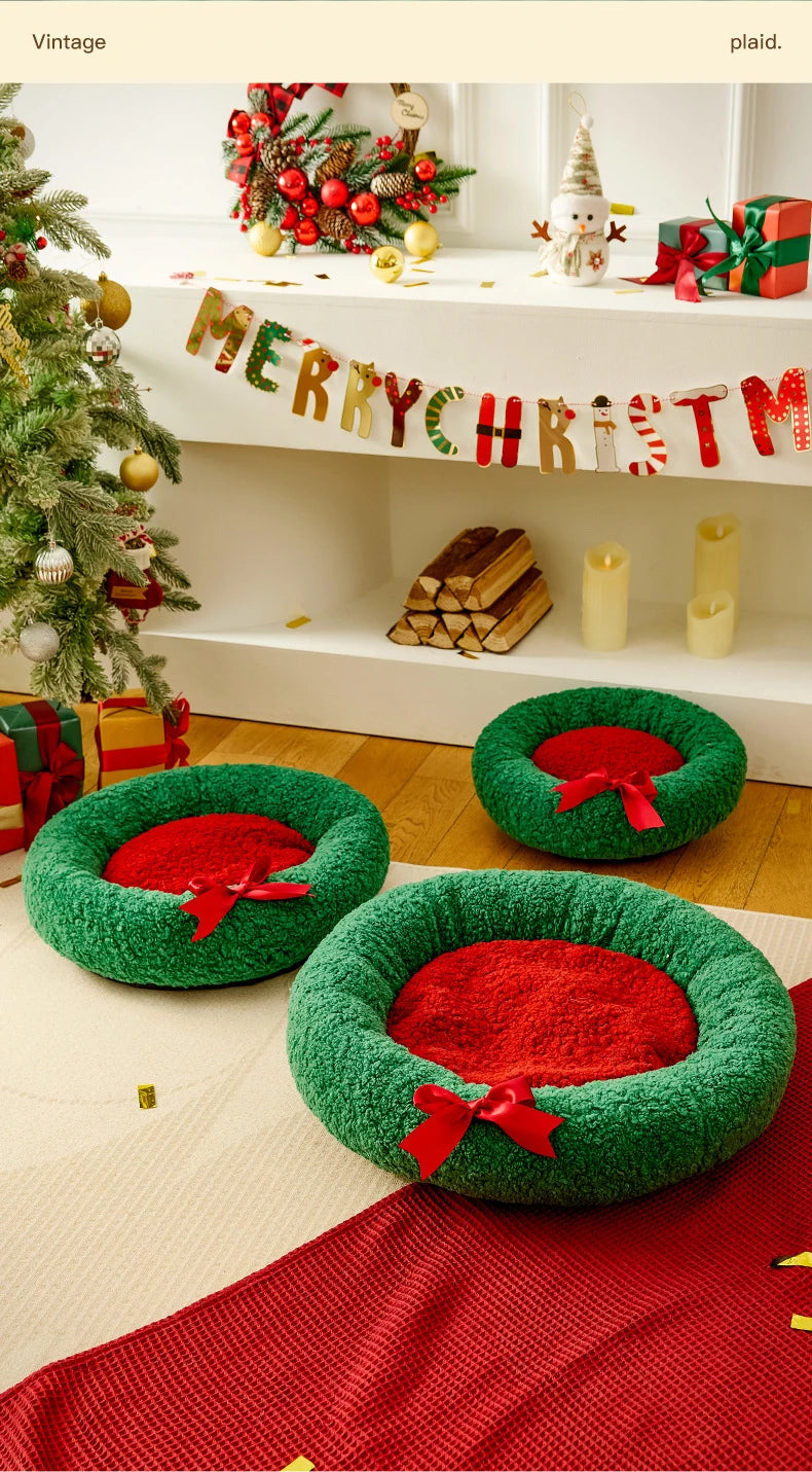 Christmas Sock Cat Sleeping Bag Thickened Semi Closed Winter Plush Warm Round Dog Beds with Detachable Pad Pet Indoor Furniture