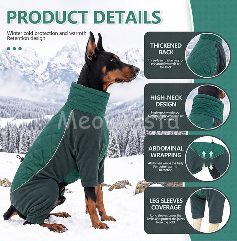 Winter Full Coverage Warm Dog Jumpsuit Reflective High Collar Quilted Padded Color‑Blocked Outdoor Outfit for Medium Large Dogs