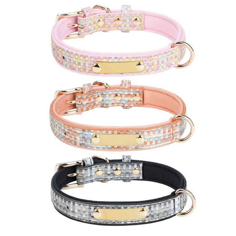 Personalized Luxury Plaid Tweed Dog Collar Custom Engraved Name Number Soft Padded Adjustable Collar for Small Medium Large Dogs