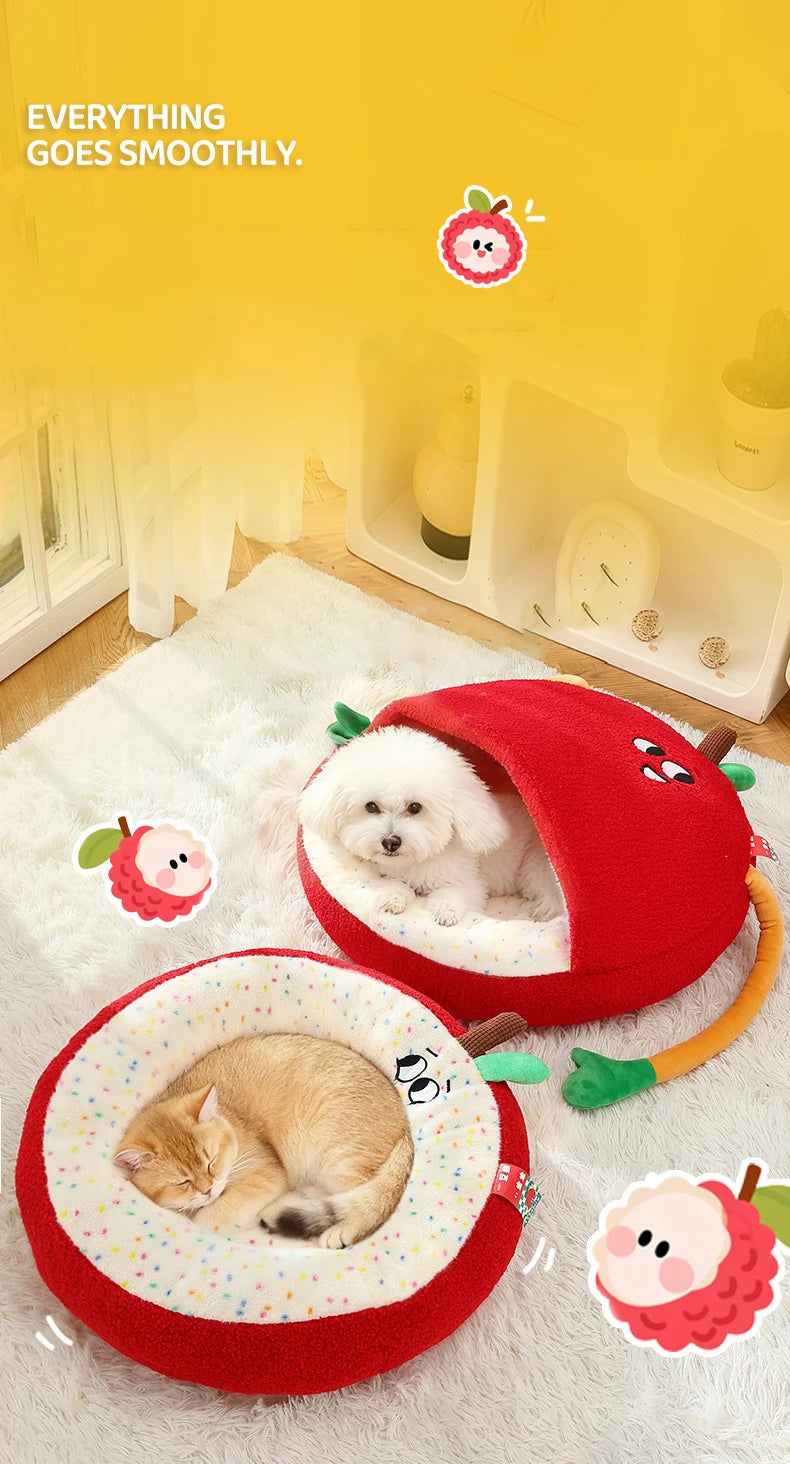 Luxurious Semi-enclosed Plush Cat House Bed Non-slip Soft Comfortable Winter Warm Pet Beds Christmas New Year Pet Accessories