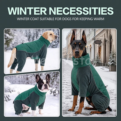 Winter Full Coverage Warm Dog Jumpsuit Reflective High Collar Quilted Padded Color‑Blocked Outdoor Outfit for Medium Large Dogs