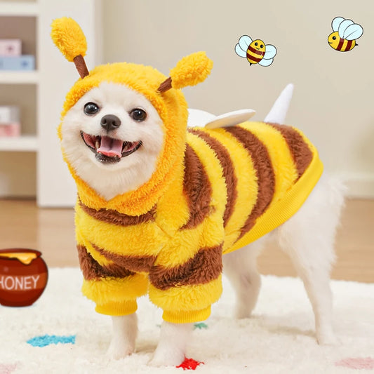 Funny Bee Style Plush Costume for Kitten Puppy Autumn Winter Soft Warm Cat Hoodies with Leash Hook Teddy Small Dog Clothes