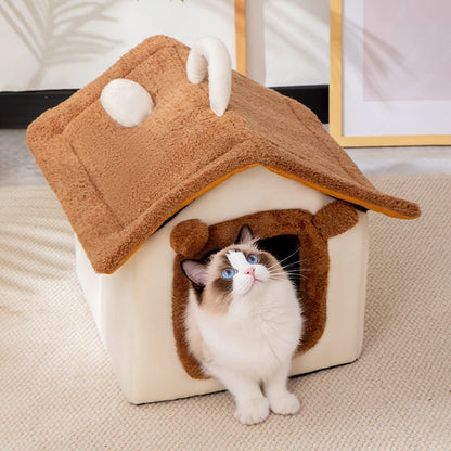 Thickened Foldable Enclosed Pet House for Puppy Cats Detachable Washable Indoor Comfortable Warm Plush Cat Nest Cama Para Gatos
