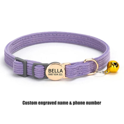 Adjustable Custom Engraved Cat Collar with Bell Anti-lost Durable Comfortable Soft Corduroy Kitten ID Collar Pet Safety Necklace