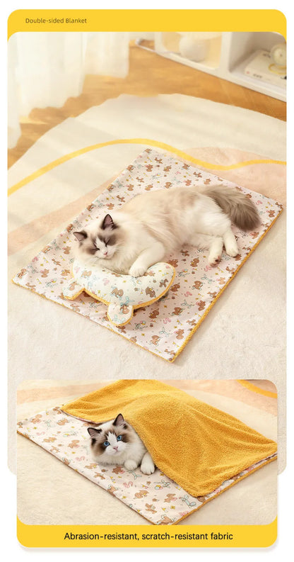 Soft Fluffy Pet Blanket with Pillow Double-sided Design Cute Printed Winter Soft Warm Sleeping Cat Bed Puppy Kitten Supplies