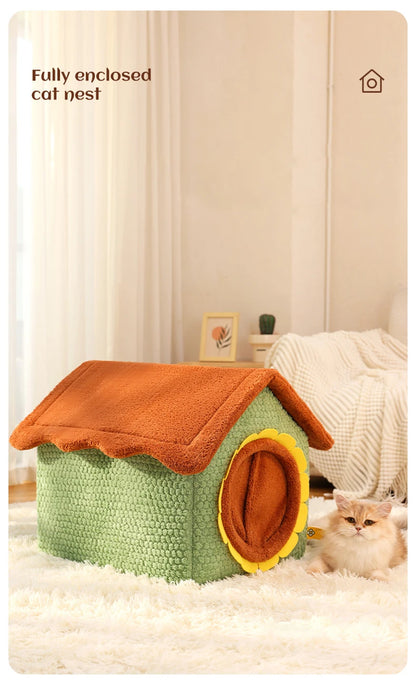 Thickened Enclosed Pet House Cute Sunflower Shape Removable Washable Winter Warm Deep Sleep Cave Sofa for Cats Cama Para Perro