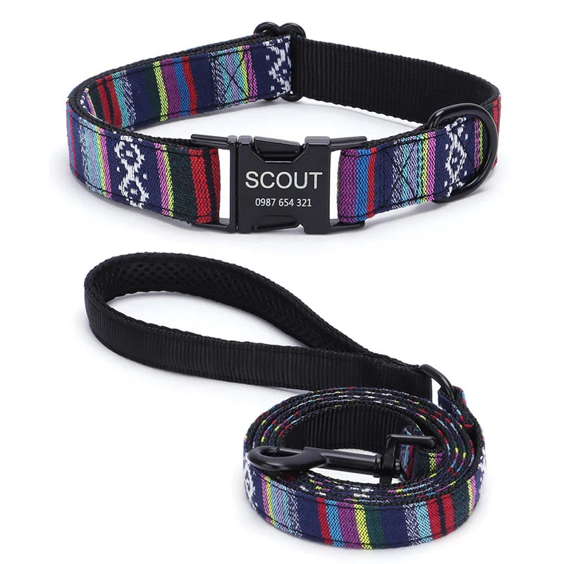 Bohemian Striped Dog Collar Custom Engraved with Rose Gold Buckle Personalized Nylon Collar for Small Large Dogs Daily Walking