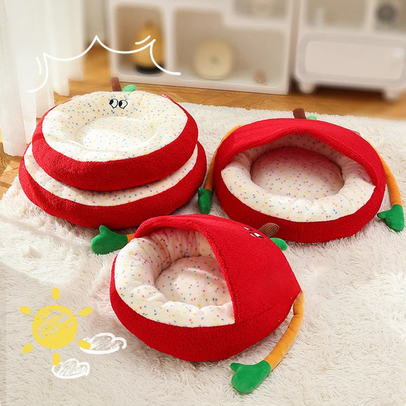 Luxurious Semi-enclosed Plush Cat House Bed Non-slip Soft Comfortable Winter Warm Pet Beds Christmas New Year Pet Accessories