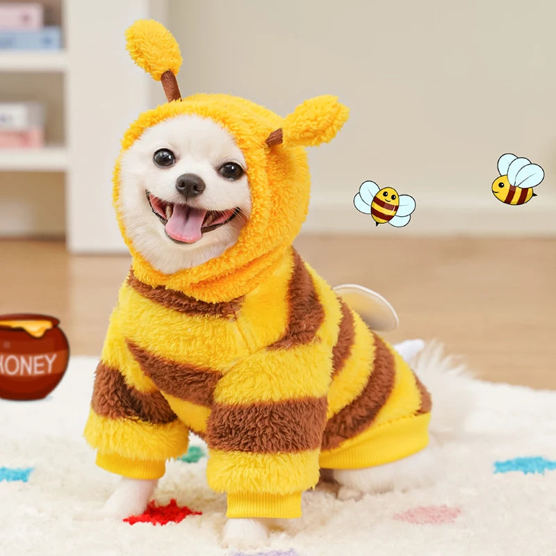 Funny Bee Style Plush Costume for Kitten Puppy Autumn Winter Soft Warm Cat Hoodies with Leash Hook Teddy Small Dog Clothes