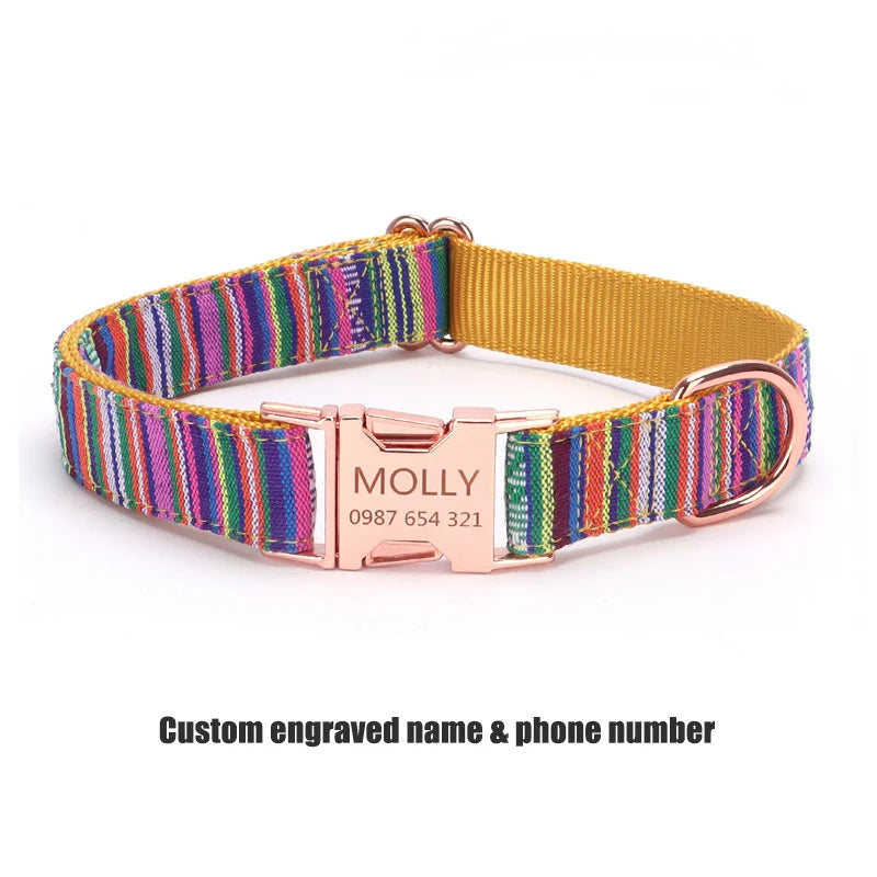 Bohemian Striped Dog Collar Custom Engraved with Rose Gold Buckle Personalized Nylon Collar for Small Large Dogs Daily Walking