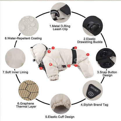 Graphene Heating Winter Dog Coat Windproof Waterproof Hooded Four‑Legged Pet Jumpsuit Cotton Down Puppy Sweatshirt Clothing