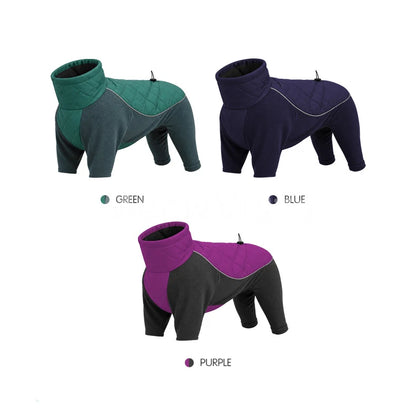 Winter Full Coverage Warm Dog Jumpsuit Reflective High Collar Quilted Padded Color‑Blocked Outdoor Outfit for Medium Large Dogs
