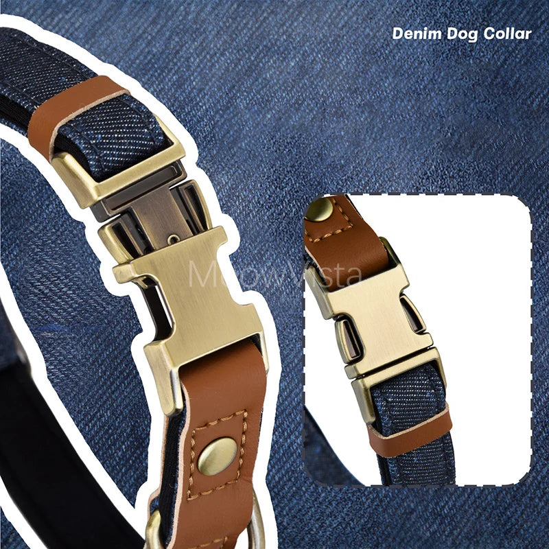 Personalized Denim Dog Collar with Engraved Quick Release Metal Buckle Adjustable Soft Padded anti-lost Pet Collar for Dogs