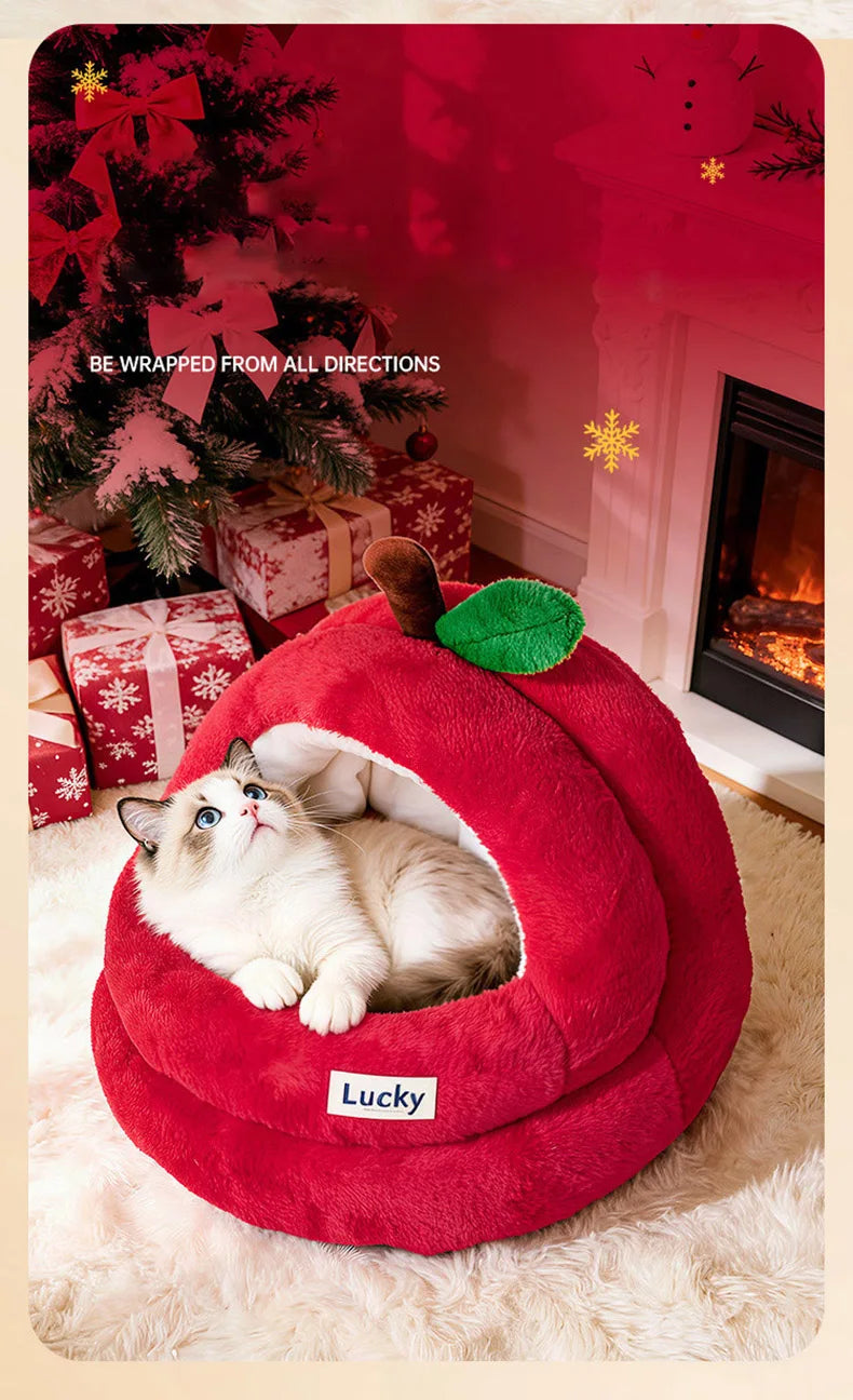 Semi-Enclosed Luxury Red Apple Cat House Large-size Detachable Cushion Warm Sleeping Kitten Cave Bed Christmas Pet Supplies