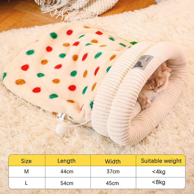 Fashion Dot Design Pet Sleeping Bag Luxury Double Sided Rabbit Fur Indoor Enclosed Warm Cat Bed Christmas New Year Pet Products