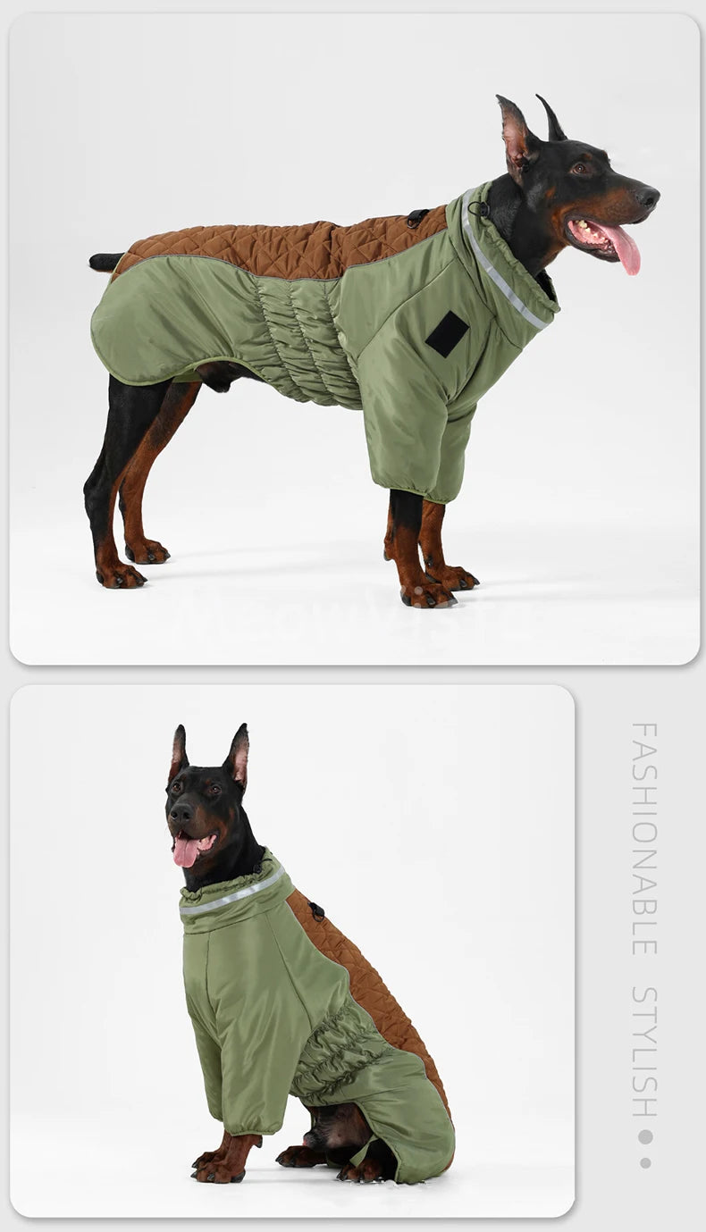 Color‑blocked Four‑Legged Large Dog Winter Coat Comfortable Windproof Reflective Dog Jumpsuit with D‑Ring for Doberman Labrador