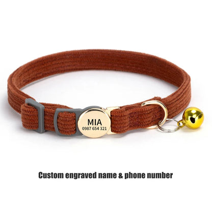 Adjustable Custom Engraved Cat Collar with Bell Anti-lost Durable Comfortable Soft Corduroy Kitten ID Collar Pet Safety Necklace