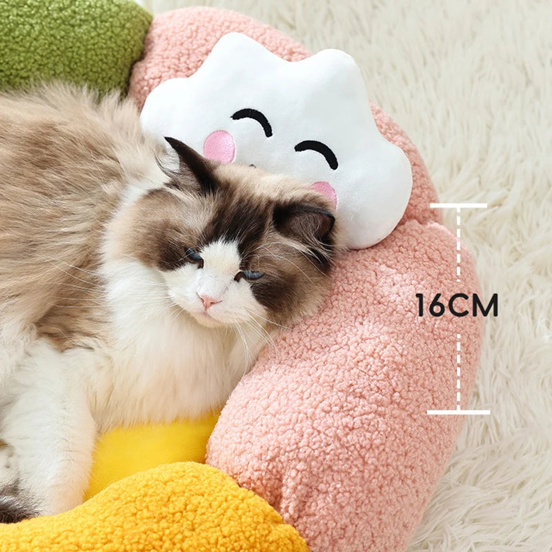 Cute Luxury Flower Cat Bed with Cloud-Shaped Pillow Winter Breathable Warm Ultra Soft Plush House Puppy Beds Cat Houses Indoor