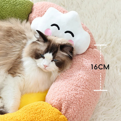 Cute Luxury Flower Cat Bed with Cloud-Shaped Pillow Winter Breathable Warm Ultra Soft Plush House Puppy Beds Cat Houses Indoor