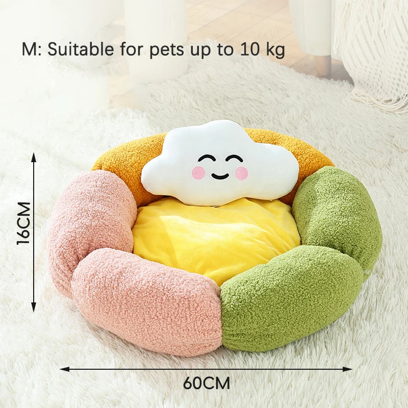 Cute Luxury Flower Cat Bed with Cloud-Shaped Pillow Winter Breathable Warm Ultra Soft Plush House Puppy Beds Cat Houses Indoor