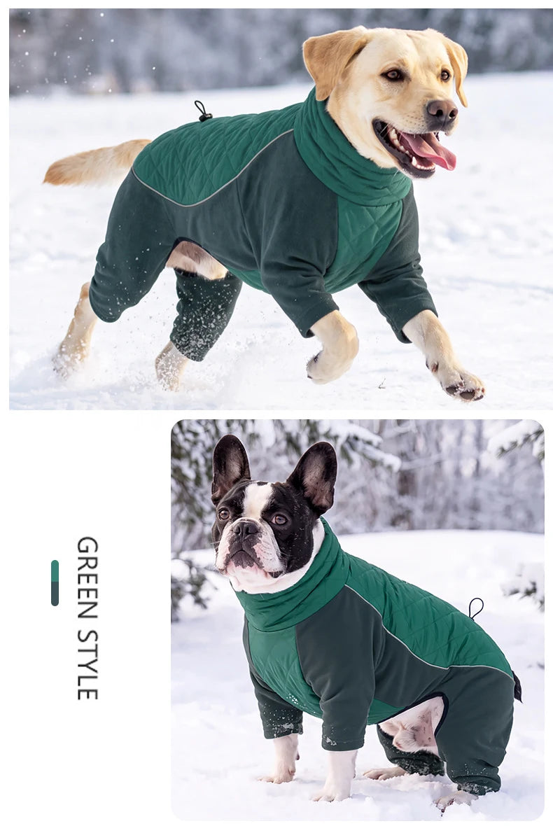 Winter Full Coverage Warm Dog Jumpsuit Reflective High Collar Quilted Padded Color‑Blocked Outdoor Outfit for Medium Large Dogs