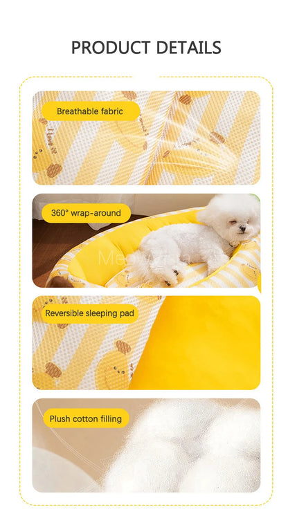 Banana Ice Silk Cooling Cat Bed with Dual-Sided Mat Non-Slip Comfortable Breathable Pet Sofa for Small Dogs Summer Pet Cushion