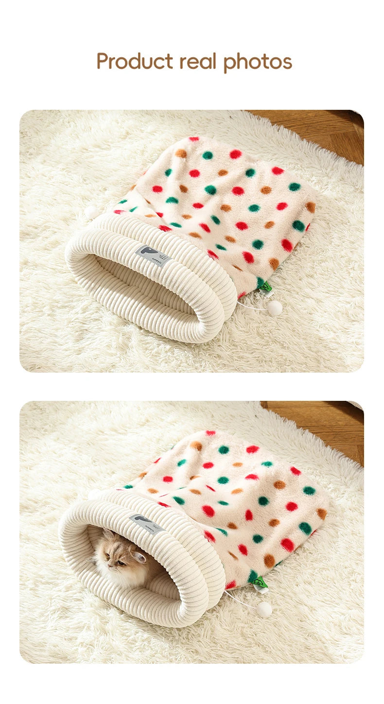 Fashion Dot Design Pet Sleeping Bag Luxury Double Sided Rabbit Fur Indoor Enclosed Warm Cat Bed Christmas New Year Pet Products