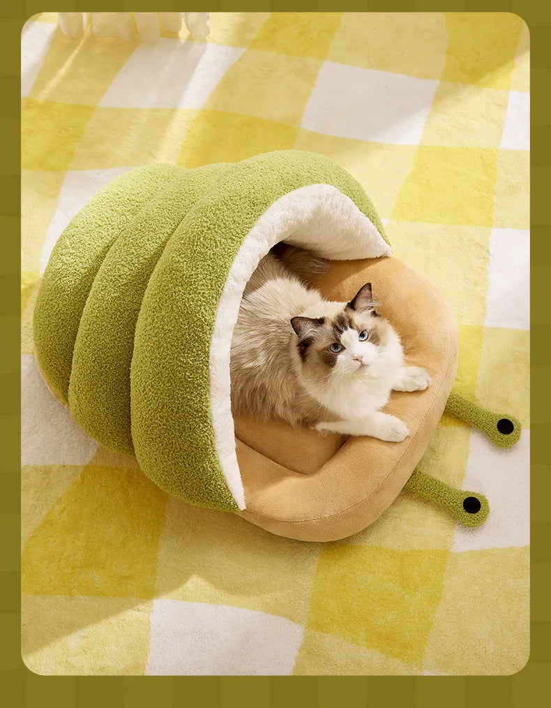 Cute Snail Slipper Shaped Cat Bed Cave Semi-Enclosed Washable Soft Plush Pet Sleeping Bed for Kittens Winter Beds & Furniture