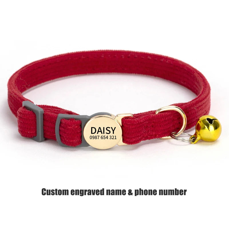Adjustable Custom Engraved Cat Collar with Bell Anti-lost Durable Comfortable Soft Corduroy Kitten ID Collar Pet Safety Necklace
