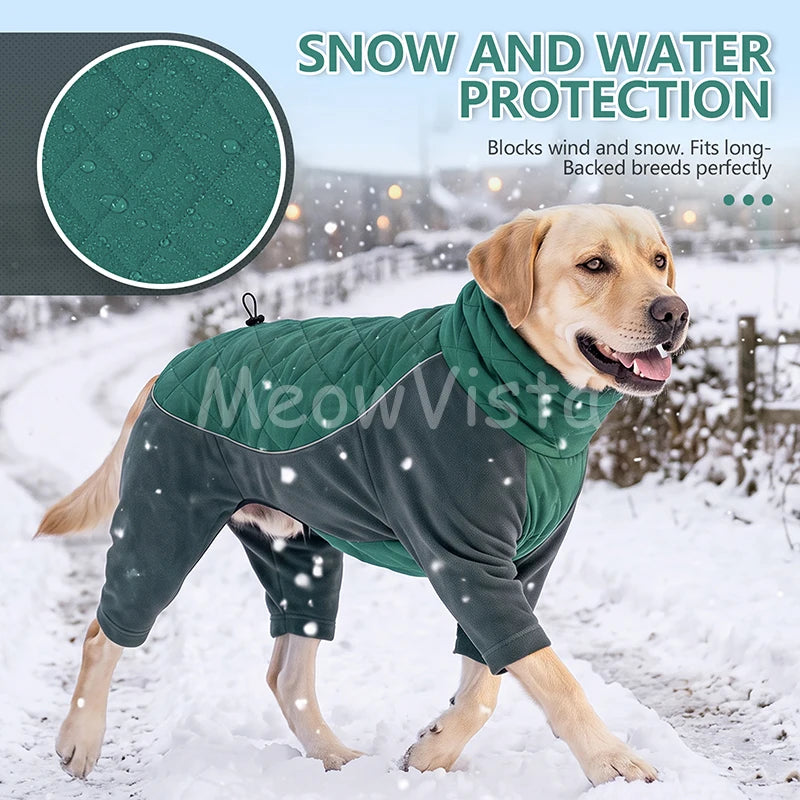 Winter Full Coverage Warm Dog Jumpsuit Reflective High Collar Quilted Padded Color‑Blocked Outdoor Outfit for Medium Large Dogs