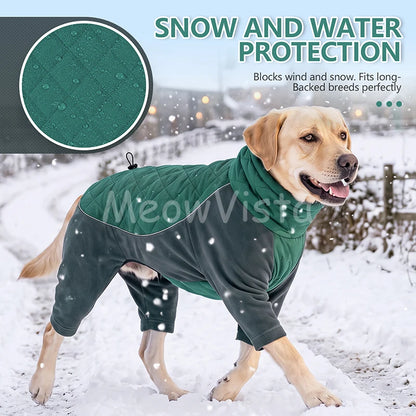 Winter Full Coverage Warm Dog Jumpsuit Reflective High Collar Quilted Padded Color‑Blocked Outdoor Outfit for Medium Large Dogs