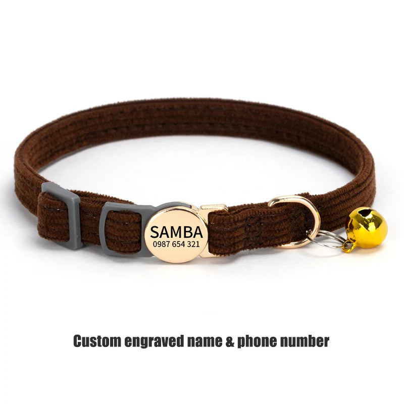 Adjustable Custom Engraved Cat Collar with Bell Anti-lost Durable Comfortable Soft Corduroy Kitten ID Collar Pet Safety Necklace