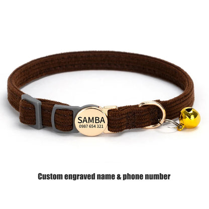 Adjustable Custom Engraved Cat Collar with Bell Anti-lost Durable Comfortable Soft Corduroy Kitten ID Collar Pet Safety Necklace