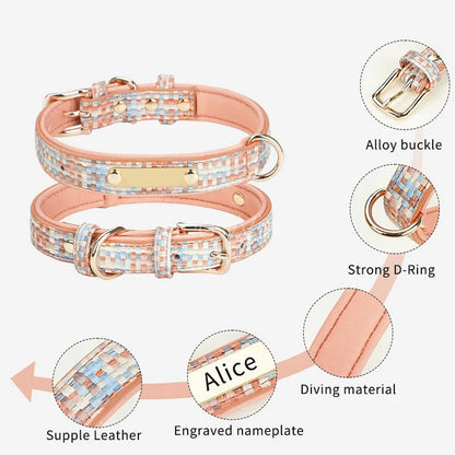 Personalized Luxury Plaid Tweed Dog Collar Custom Engraved Name Number Soft Padded Adjustable Collar for Small Medium Large Dogs