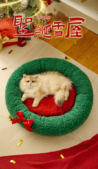 Christmas Sock Cat Sleeping Bag Thickened Semi Closed Winter Plush Warm Round Dog Beds with Detachable Pad Pet Indoor Furniture