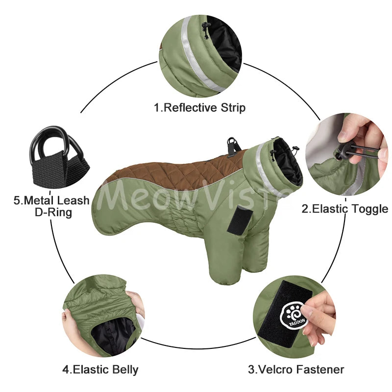 Color‑blocked Four‑Legged Large Dog Winter Coat Comfortable Windproof Reflective Dog Jumpsuit with D‑Ring for Doberman Labrador