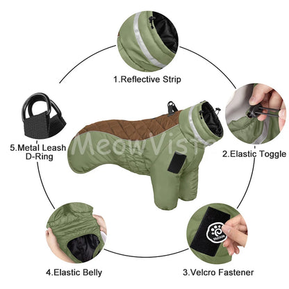 Color‑blocked Four‑Legged Large Dog Winter Coat Comfortable Windproof Reflective Dog Jumpsuit with D‑Ring for Doberman Labrador