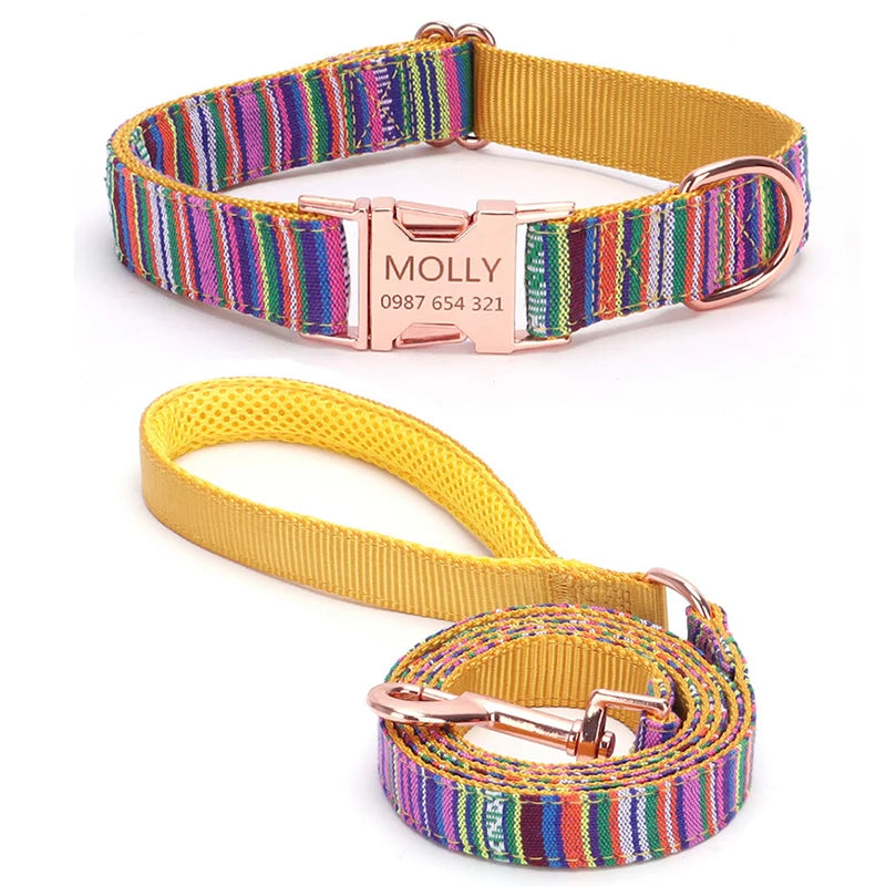Bohemian Striped Dog Collar Custom Engraved with Rose Gold Buckle Personalized Nylon Collar for Small Large Dogs Daily Walking