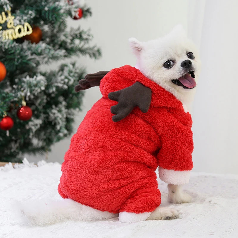 Christmas New Year Snap Design Dog Jumpsuits Winter Soft Warm Fleece Fashion Elk Santa Solid Pet Overalls Luxury Pet Costumes