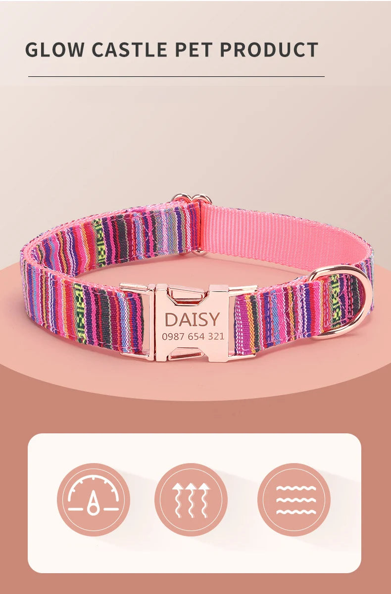 Bohemian Striped Dog Collar Custom Engraved with Rose Gold Buckle Personalized Nylon Collar for Small Large Dogs Daily Walking