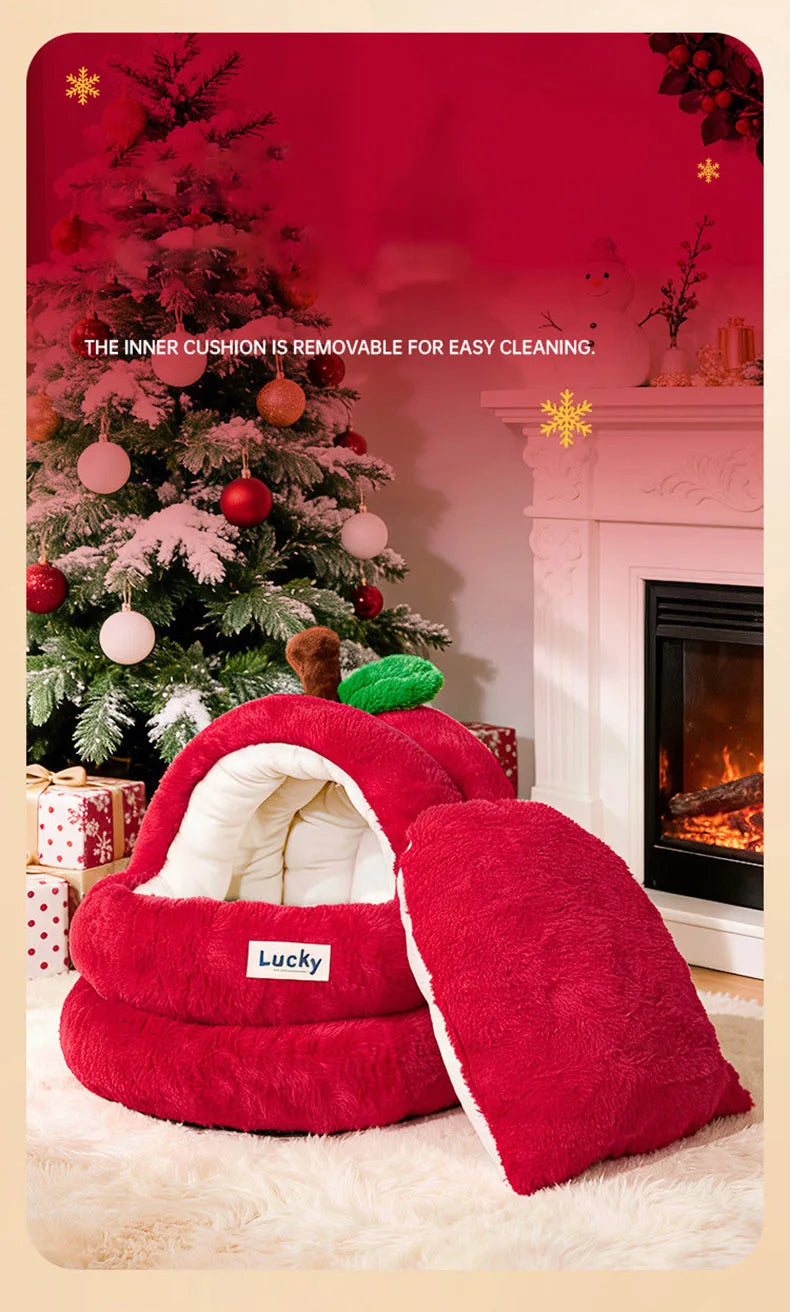 Semi-Enclosed Luxury Red Apple Cat House Large-size Detachable Cushion Warm Sleeping Kitten Cave Bed Christmas Pet Supplies